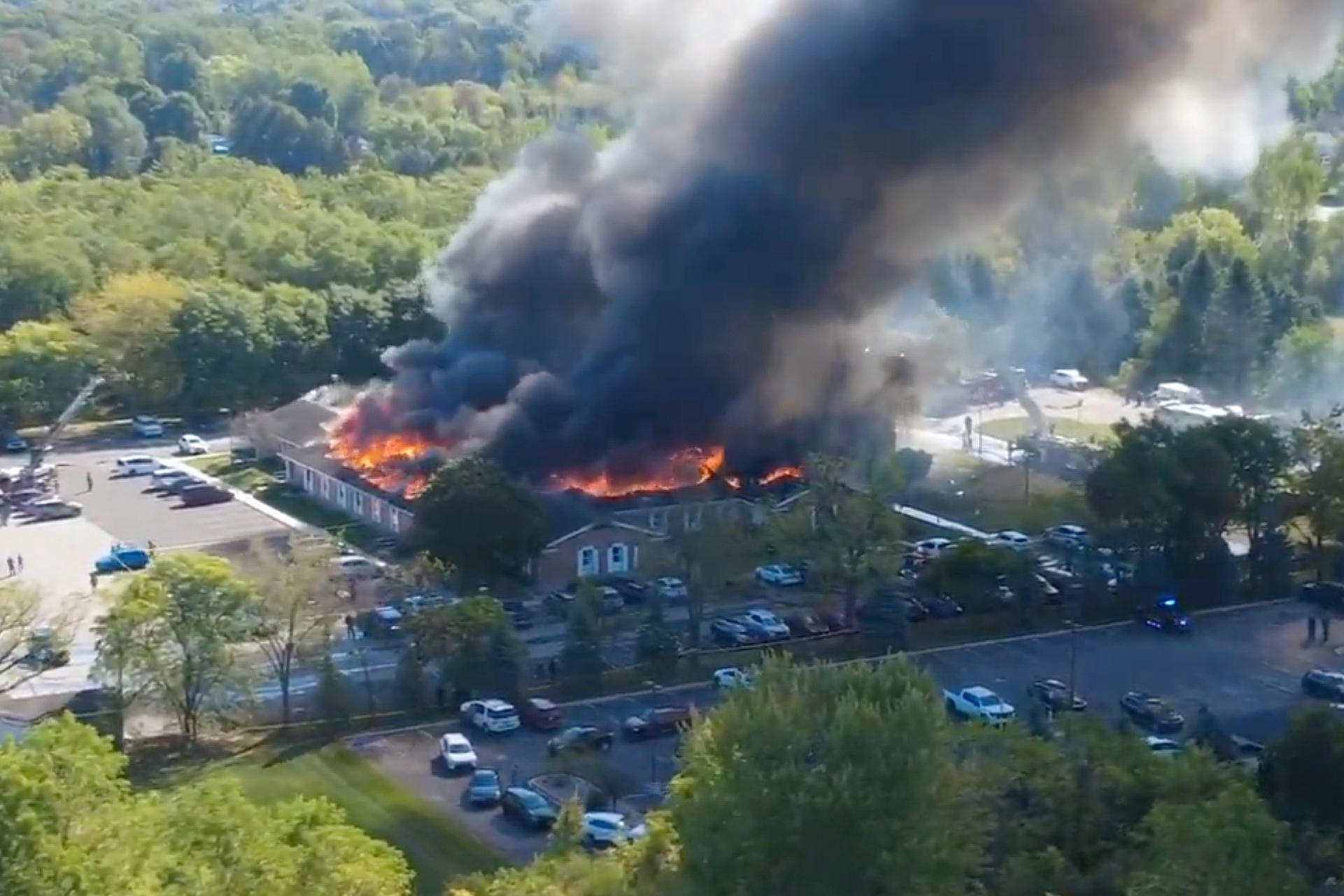 Massive flames and smoke rise from The Church of Jesus Christ of Latter-day Saints in Grand Blanc, about 50 miles north of Detroit, Sunday, Sept. 28, 2025. (AP)