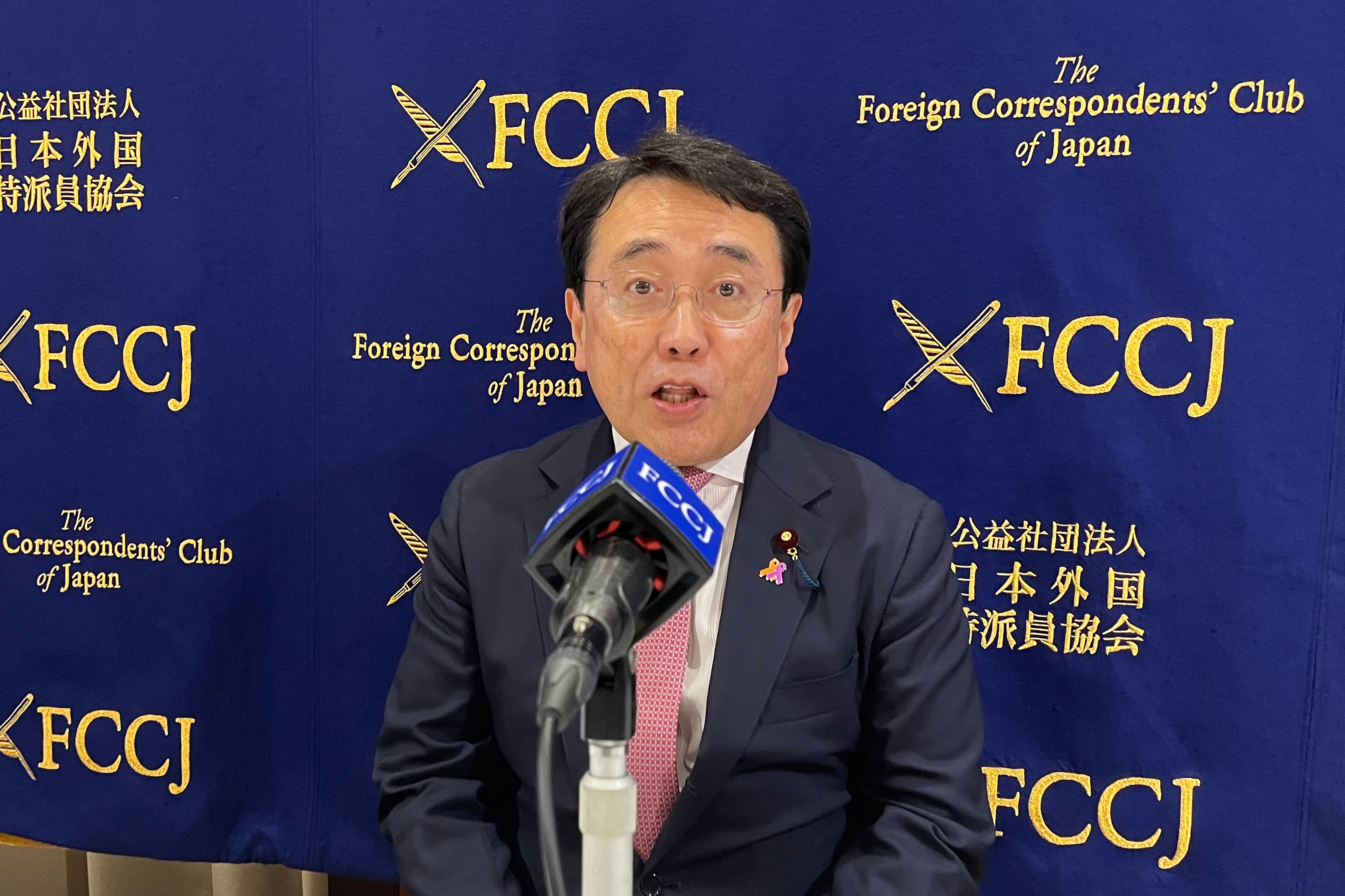 Japan’s top negotiator on President Donald Trump’s tariffs, Economic and Fiscal Policy Minister Ryosei Akazawa speaks to reporters at the Foreign Correspondents’ Club of Japan