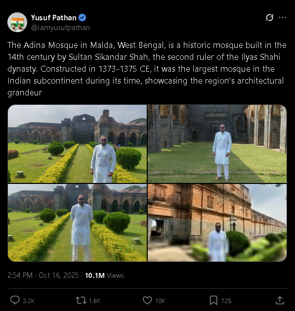 Yusuf Pathan's post on X (Twitter) regarding Adina Mosque