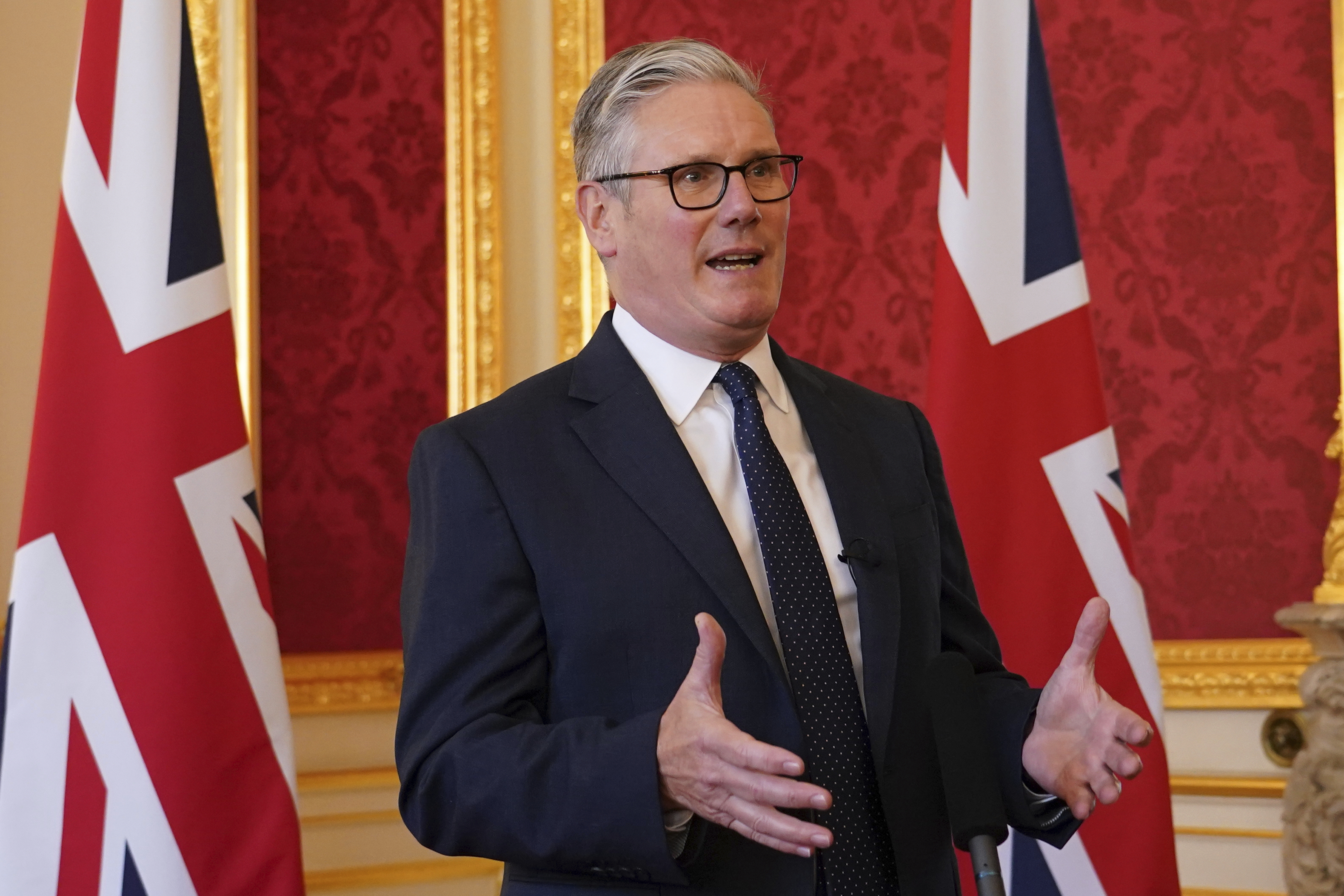 Britain's Prime Minister Keir Starmer speaks as he hosts representatives of the Civil Nuclear industry at a reception at Lancaster House in London, Monday, Sept. 15, 2025