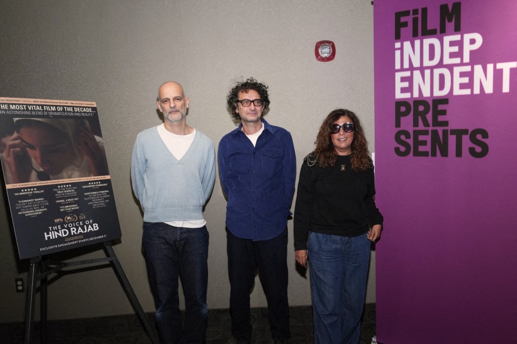 (L-R) James Wilson, Nadim Cheikhrouha and Kaouther Ben Hania attend "The Voice Of Hind Rajab" special screening and Q&A presented by Film Independent at Laemmle NoHo 7 on December 07, 2025 in North Hollywood, California. (AFP)