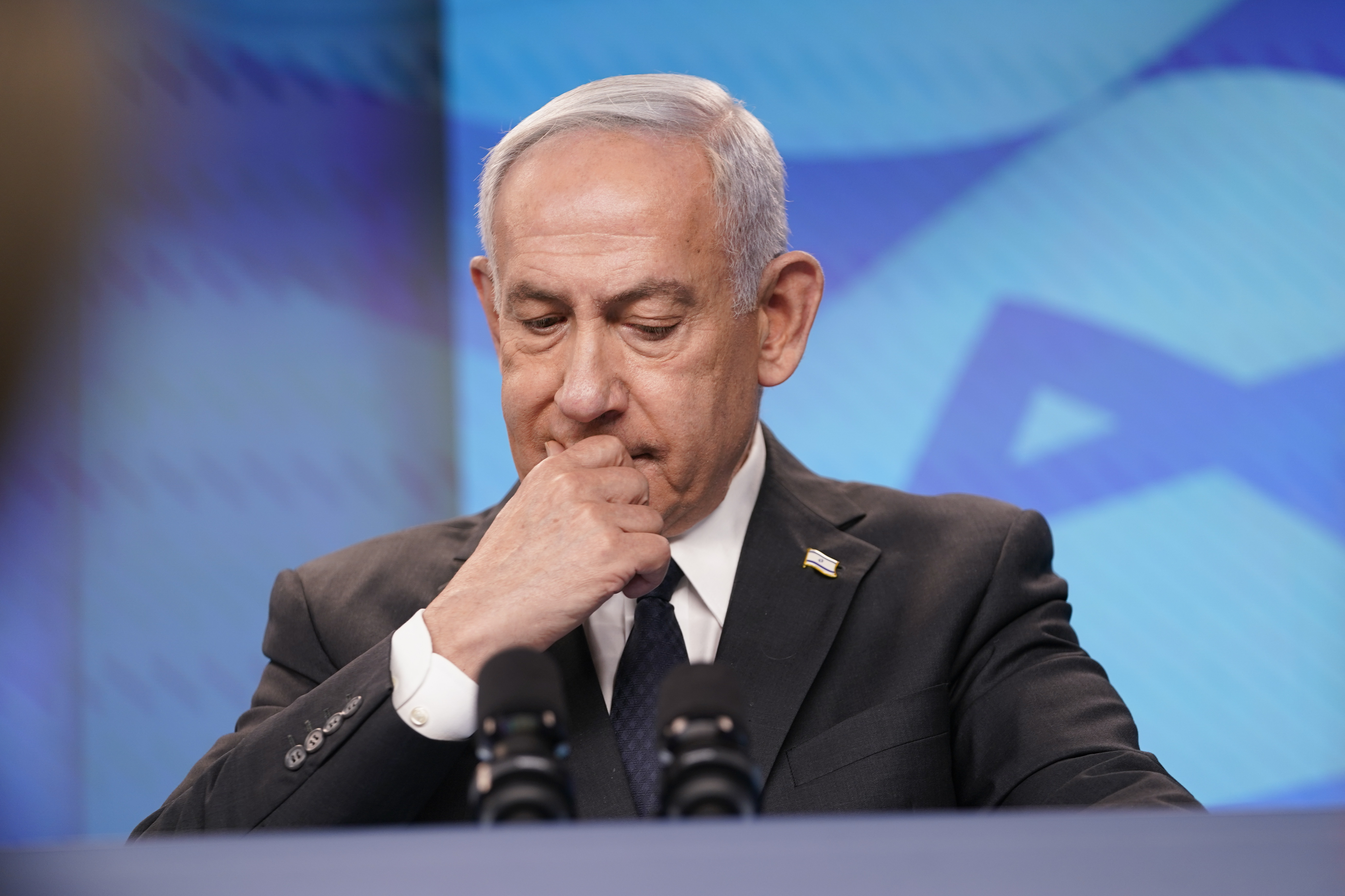 Israeli Prime Minister Benjamin Netanyahu reacts at a joint press conference with US Secretary of State Marco Rubio (not pictured) at the Prime Minister's Office, in Jerusalem