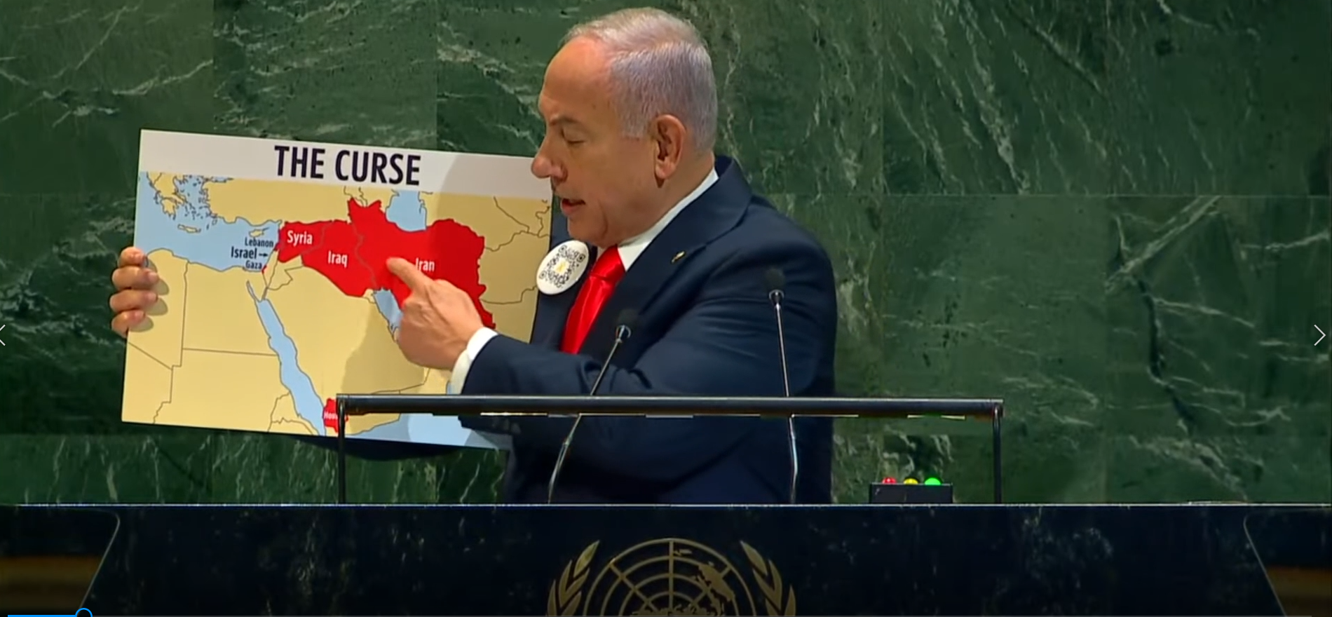 The Israeli PM started off his speech by pulling out a map with the words “The Curse” written on it. He declared Iran as a hub “terror axis” that threatens the “peace of entire world”, “the stability of [Middle East]”, and “the very existence of my countr