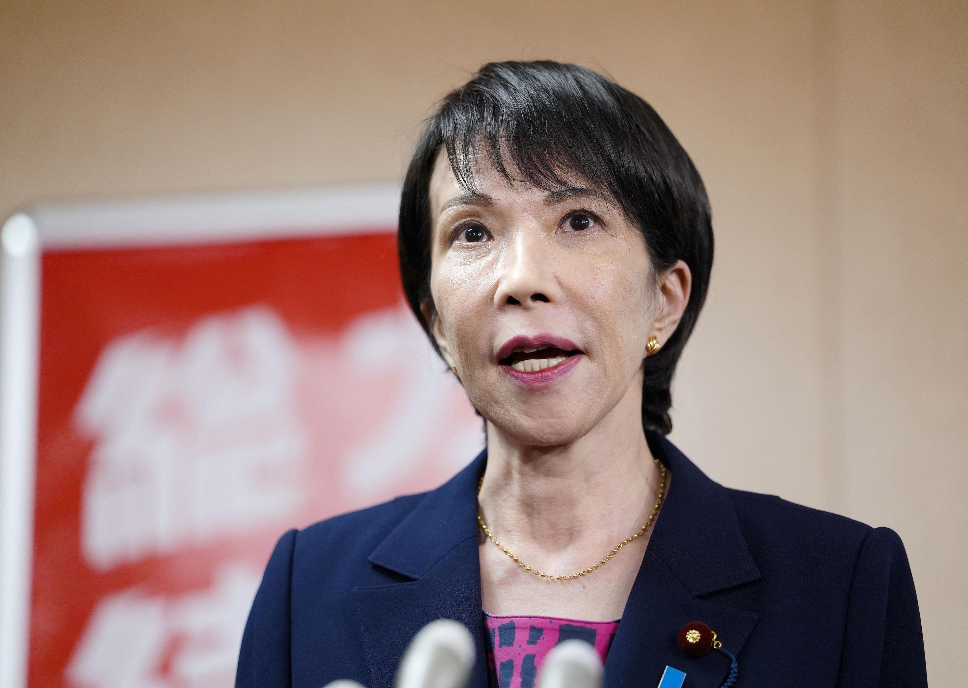 Japan's Liberal Democratic Party newly elected chief Sanae Takaichi speaks to media after a meeting with Japan's Komeito party leader Tetsuo Saito, at the party headquarters, in Tokyo, Japan October 10. (Reuters)