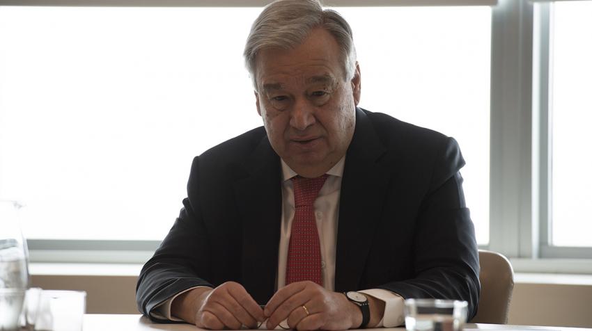 UN Secretary-General António Guterres holding a video conference. (UN)