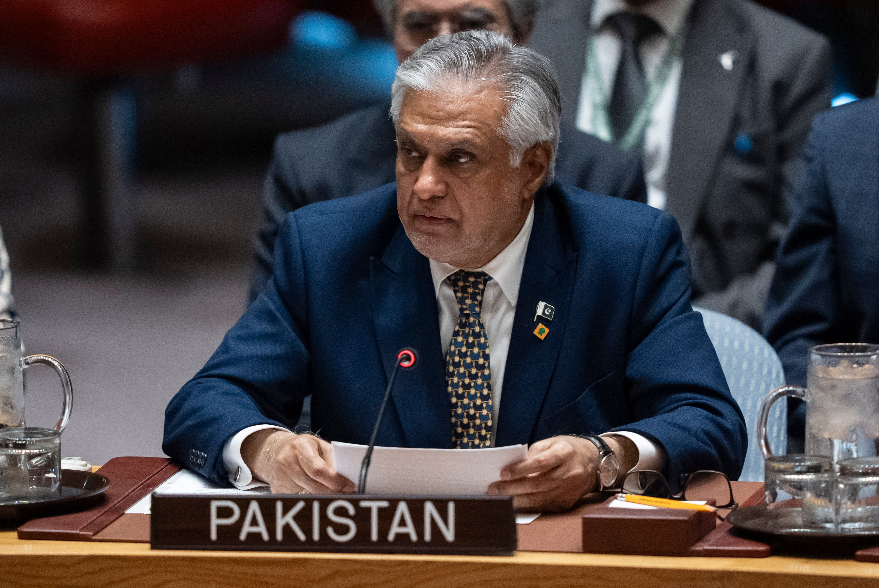 Pakistan's Deputy Prime Minister and Foreign Minister Mohammad Ishaq Dar speaks during a Security Council meeting at the United Nations headquarters, Tuesday, Sept. 23, 2025, at U.N. headquarters. (AP Photo/Yuki Iwamura)