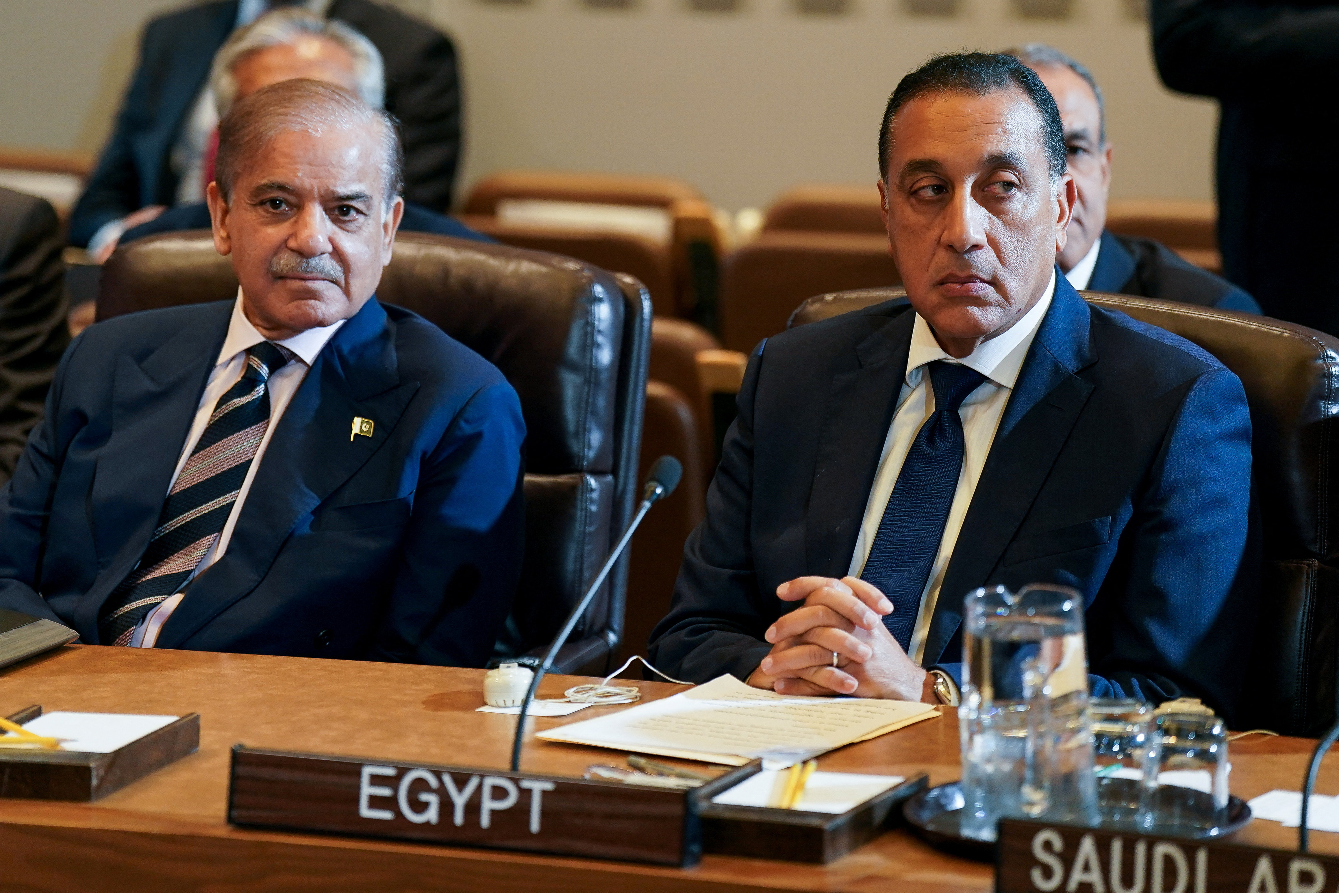 Egypt’s Prime Minister Mostafa Madbouly, left, and Pakistan’s Prime Minister Shehbaz Sharif attend a multilateral meeting during the 80th United Nations General Assembl