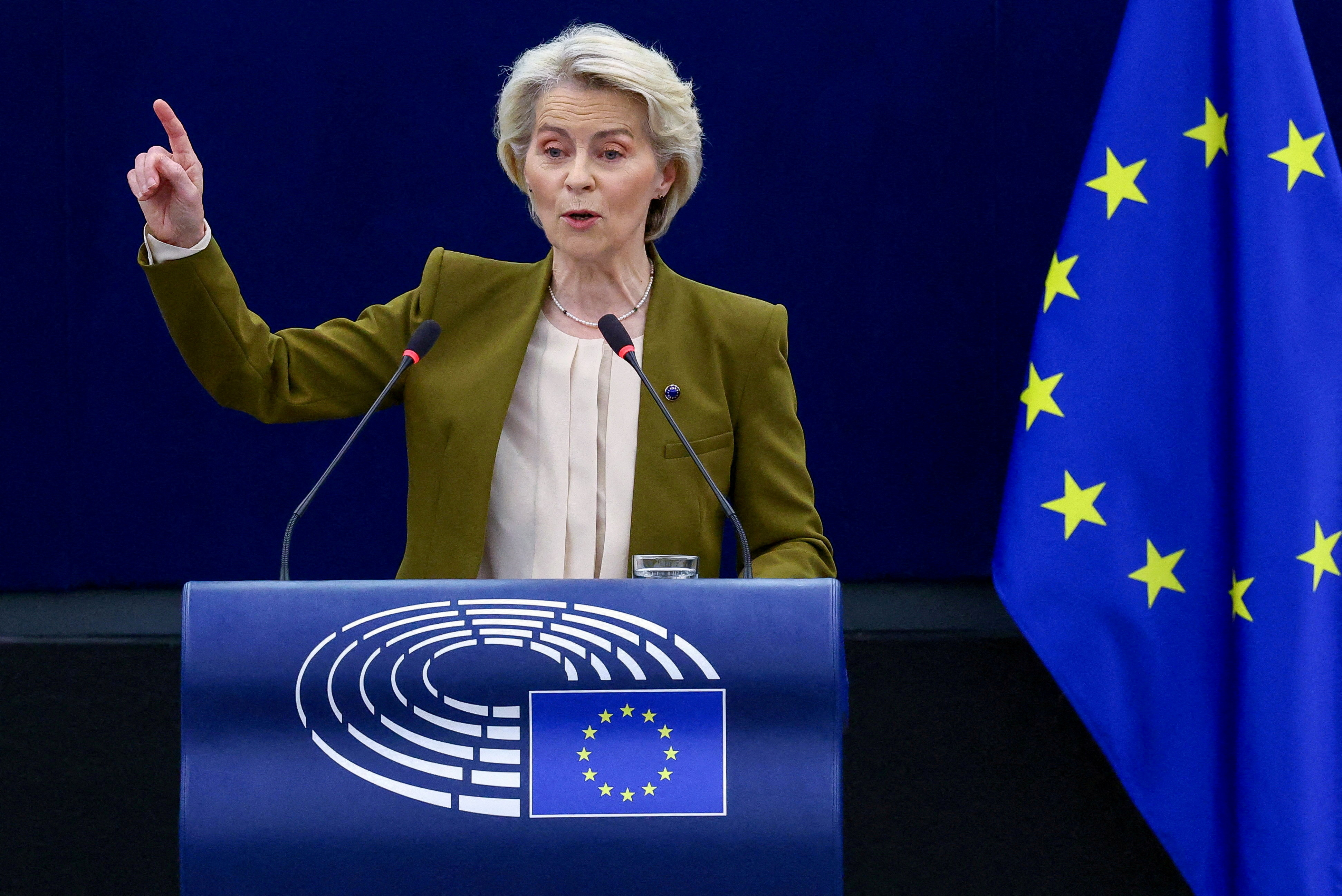 FILE PHOTO: European Commission President Ursula von der Leyen delivers the State of the European Union address to the European Parliament, in Strasbourg, France, September 10, 2025.