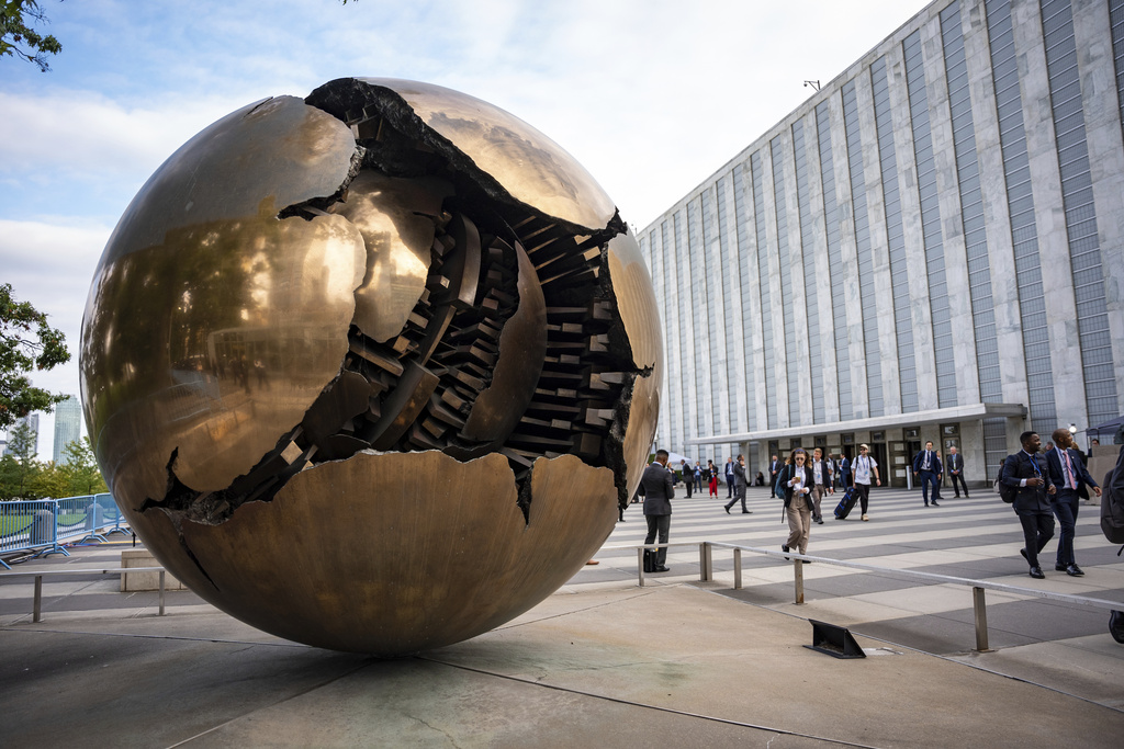 Sphere Within Sphere outside the United Nations Headquarters on the first day of the 80th session of the UN General Assembly's High-Level week,