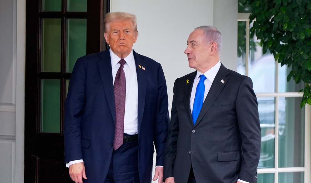 President Donald Trump greets Israeli Prime Minister Benjamin Netanyahu at the West Wing of the White House, Monday, Sept. 29, 2025, in Washington. (AP)