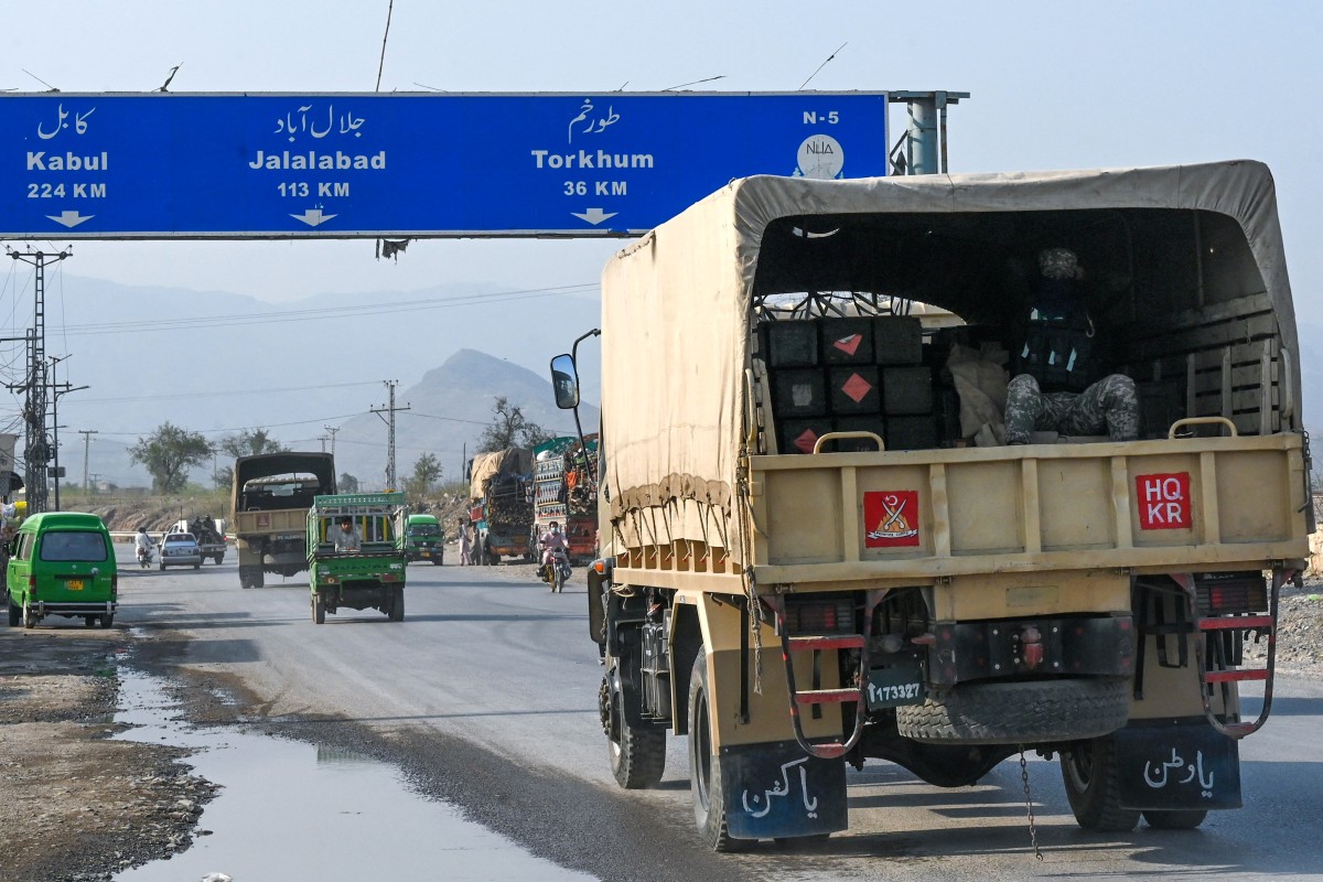 Pakistani army trucks carrying ammunition arrive near the Torkham border between Afghanistan and Pakistan on February 28, 2026. (AFP)