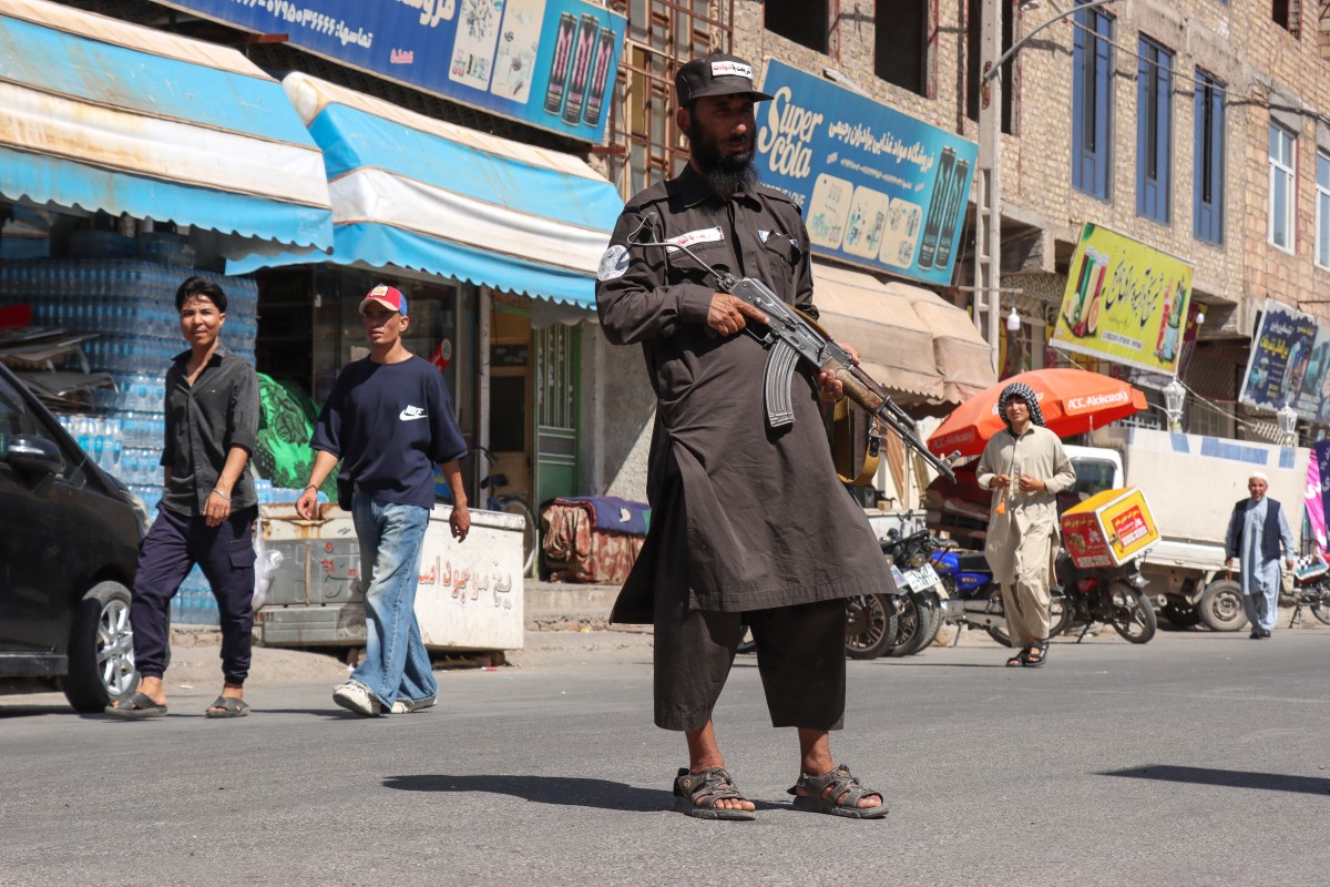 A Taliban security personnel stands guard outside a mosque in Shahrak-e-Almahdi, Jebrail district of Herat Province on June 11, 2026. (AFP)