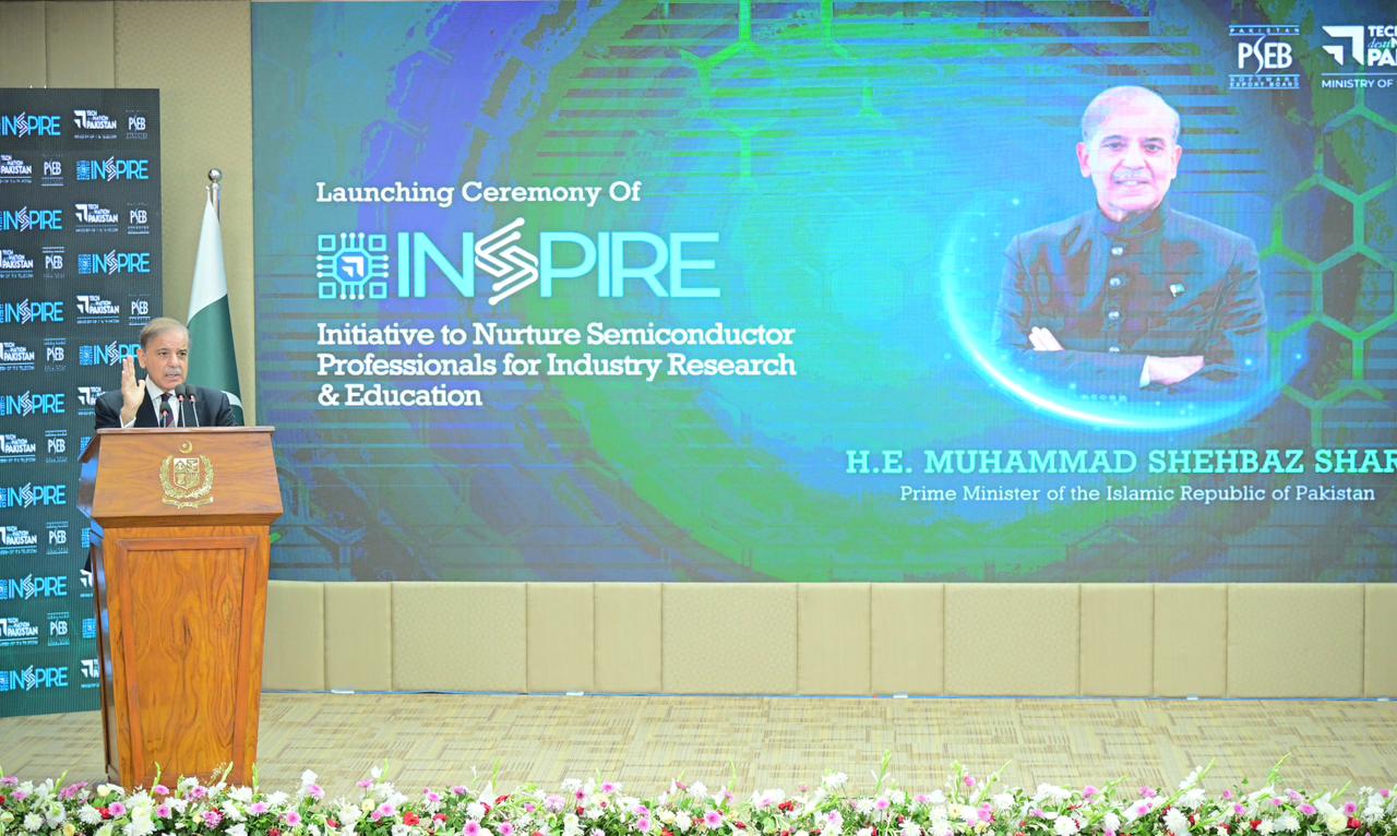 PM Sharif addresses the launching ceremony of Inspire, an Initiative by Ministry of Information Technology to nurture Semiconductor professionals for industry research and education on 21 October 2025. (PMO)