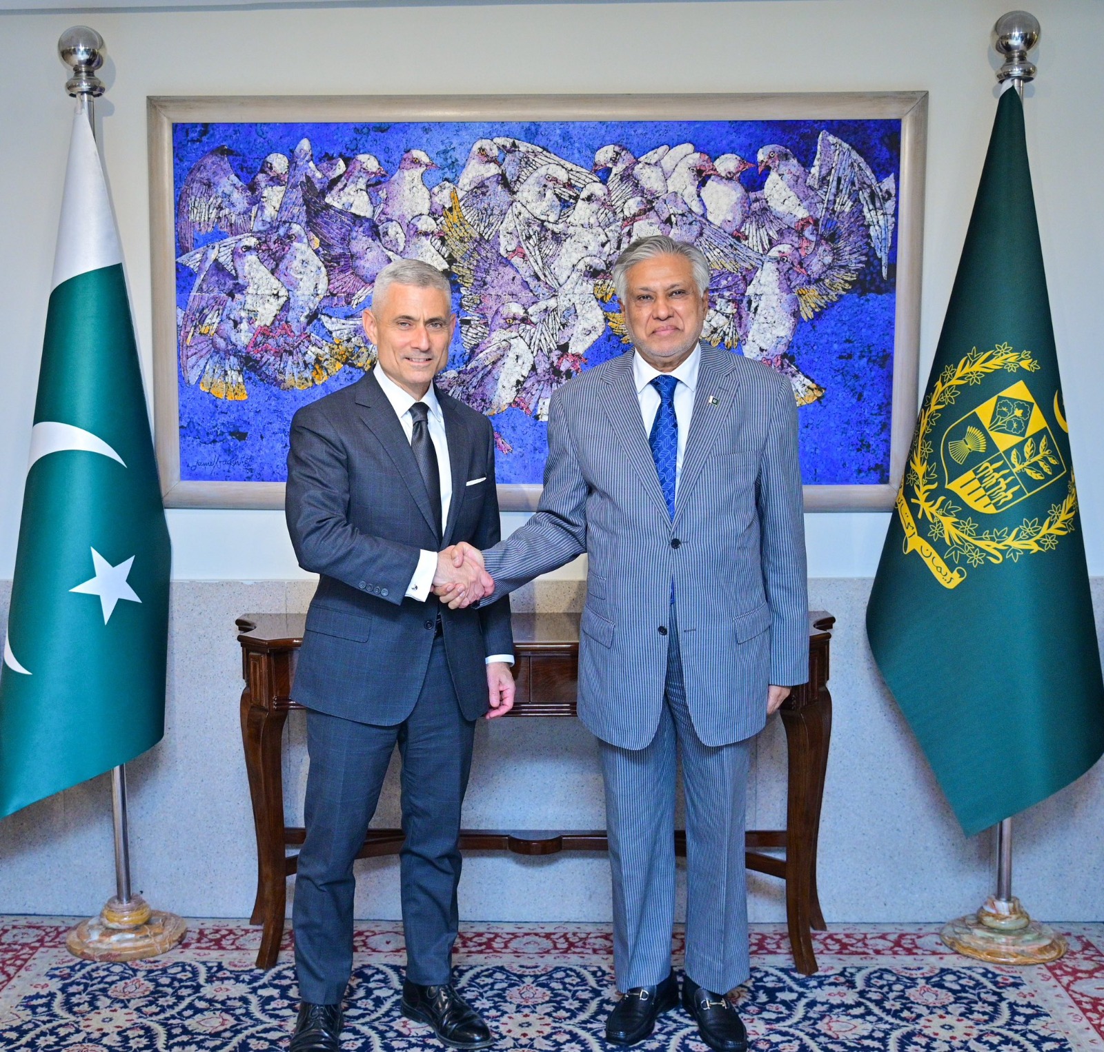US Assistant Secretary of State for South and Central Asian Affairs Paul Kapur meets Pakistan’s Deputy Prime Minister and Foreign Minister Ishaq Dar in Islamabad, Pakistan, on May 14, 2026. (Pakistan Ministry of Foreign Affairs/X)