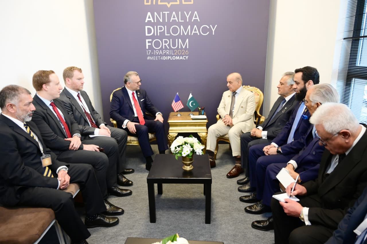 Senior Advisor to the US President for Arab and African Affairs Massad Boulos speaks during a meeting with Pakistan Prime Minister Shehbaz Sharif in Antalya on April 17, 2026, on the sidelines of the 5th Antalya Diplomacy Forum in Türkiye. (Handout/PMO)