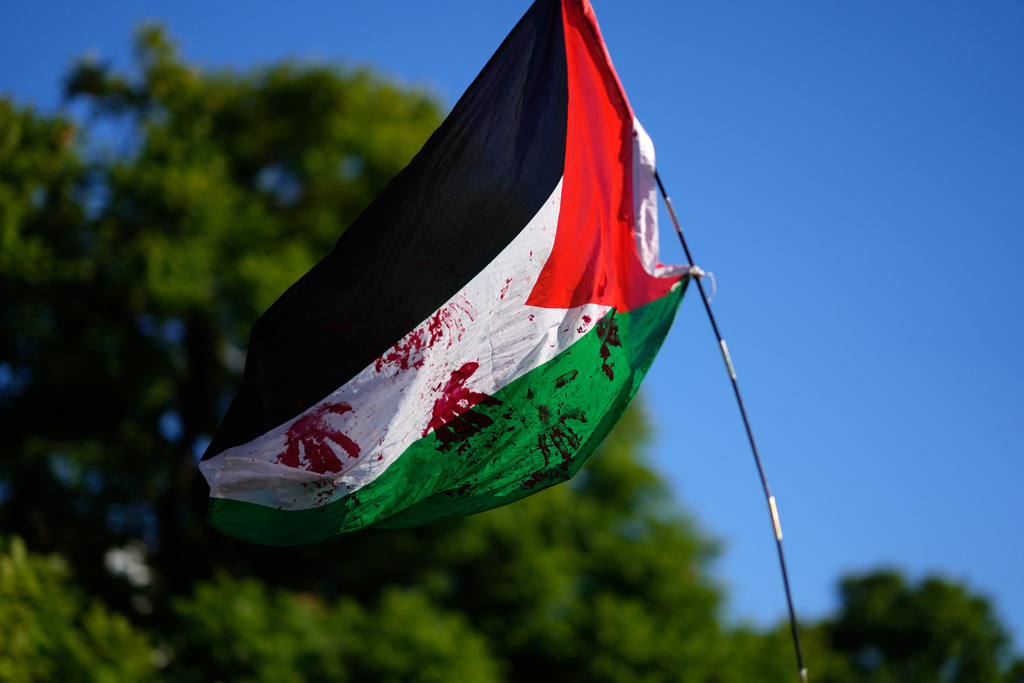 A Palestinian flag stained with red paint is carried aloft during a pro-Palestinian demonstration in solidarity with the Global Sumud Flotilla after their ships were intercepted by the Israeli navy. (AP)