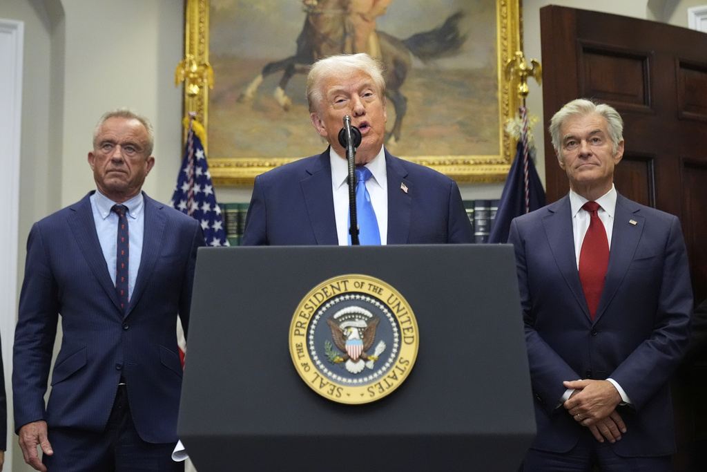 President Donald Trump speaks in the Roosevelt Room of the White House