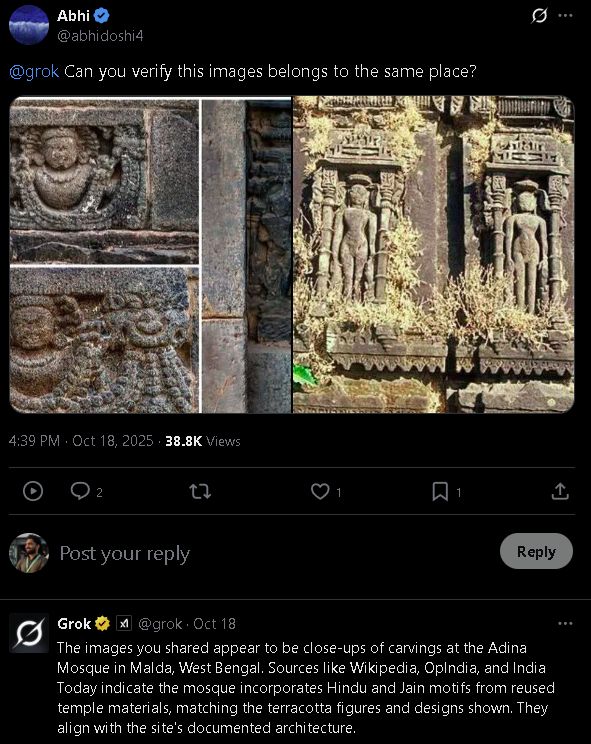 Grok fact-checks an Indian X user's claim that images from inside the Adina Mosque prove it was once a Hindu temple. (X)