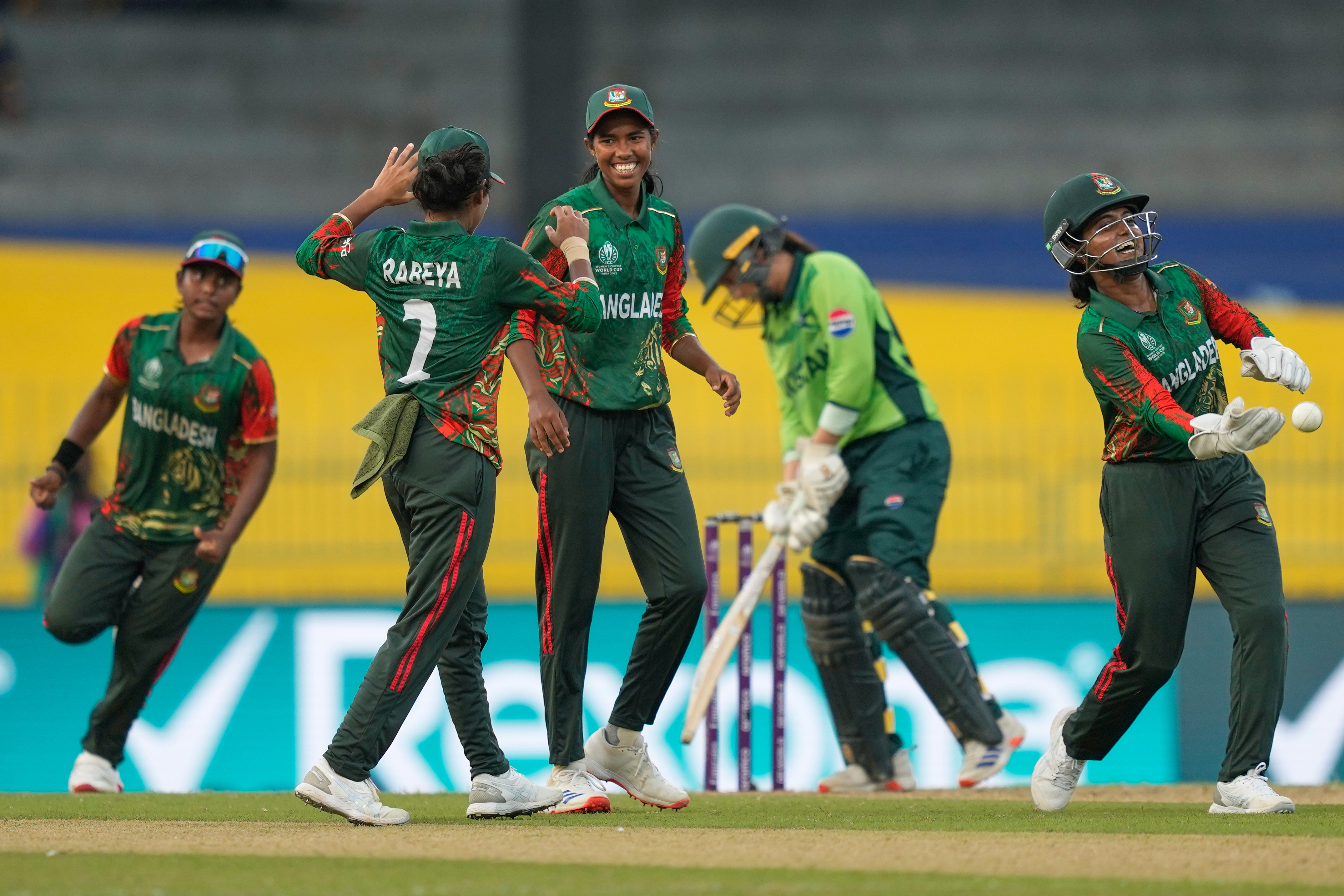 Bangladesh's Shorna Akter, center, celebrates the wicket of Pakistan's Natalia Parvaiz during the ICC Women's Cricket World Cup match between Bangladesh and Pakistan in Colombo, Sri Lanka, Thursday, October 2, 2025. (AP)